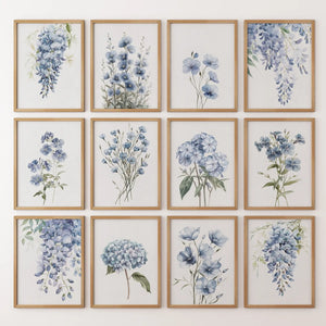 Set of 12 Watercolor Flowers Prints. Blue Hydrangea Wall Art