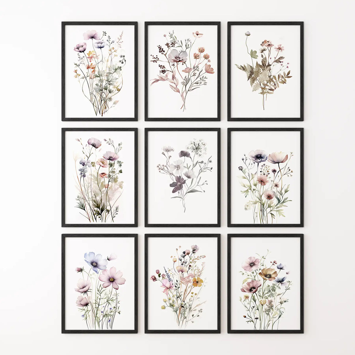 Soft Botanical Watercolor Set of 9 Prints. Wildflower Wall Art