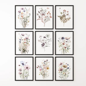 Soft Botanical Watercolor Set of 9 Prints. Wildflower Wall Art