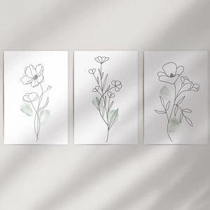 Modern Botanical Line Art Decor. 3 Piece Floral Print Set