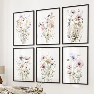 Botanical Watercolor 6 Piece Art Set. Meadow Flowers Prints for Bedroom