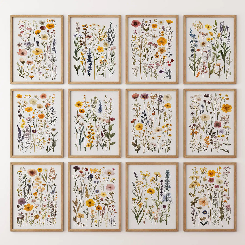 Pressed Flower Art Print Set of 12. Botanical Lithograph