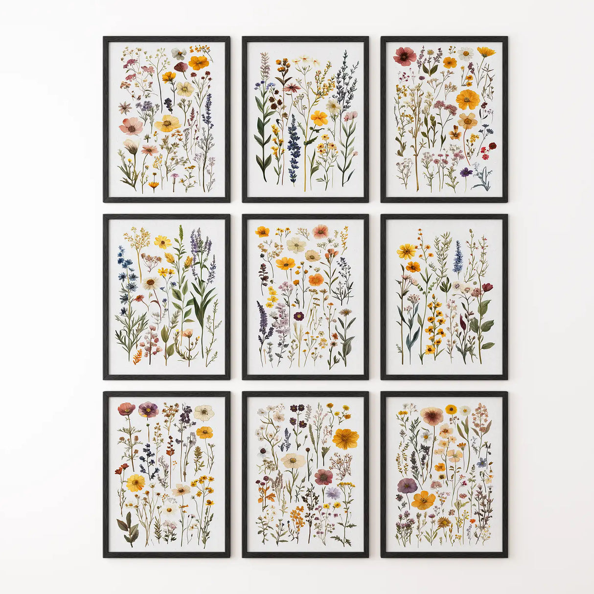 Meadow Wildflowers Prints. Floral Wall Art Set of 9 Pieces