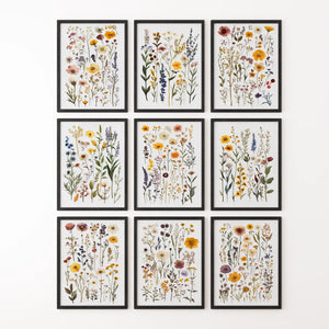 Meadow Wildflowers Prints. Floral Wall Art Set of 9 Pieces