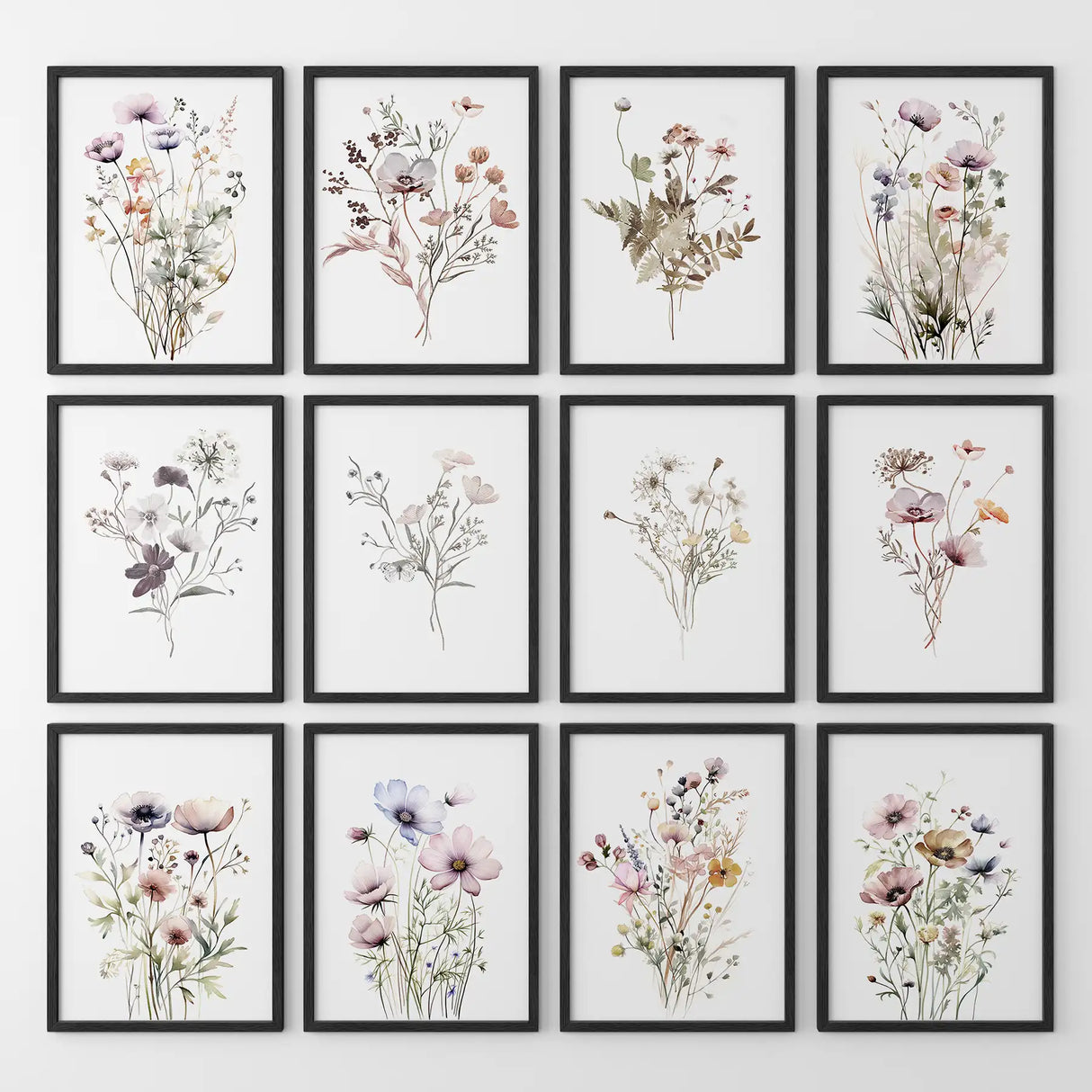 Neutral Wildflower Wall Art Set of 12. Botanical Prints