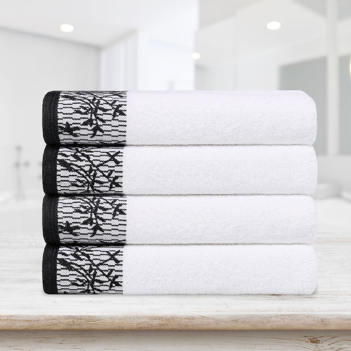 Cotton Floral Jacquard Border Bath Towel Set of 4 - Bath Towel by Superior Brand