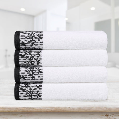Cotton Floral Jacquard Border Bath Towel Set of 4 - Bath Towel by Superior Brand