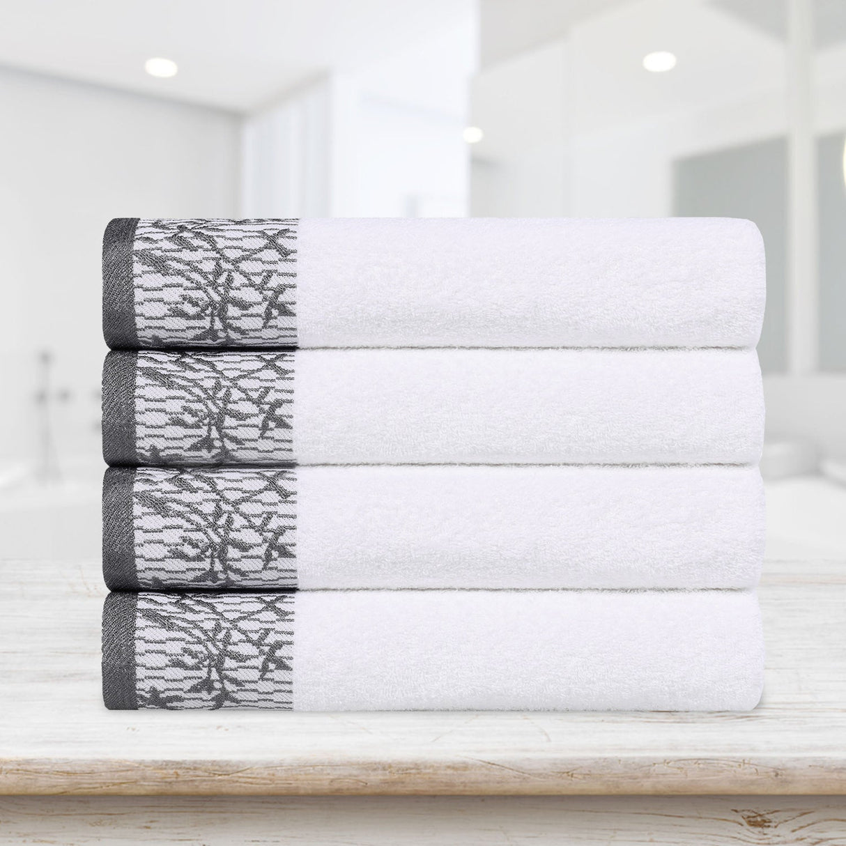 Cotton Floral Jacquard Border Bath Towel Set of 4 - Bath Towel by Superior Brand