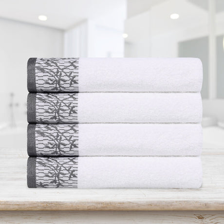 Cotton Floral Jacquard Border Bath Towel Set of 4 - Bath Towel by Superior Brand