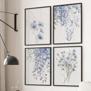 Blue Floral Wall Art Set of 4. Watercolor Wisteria Print