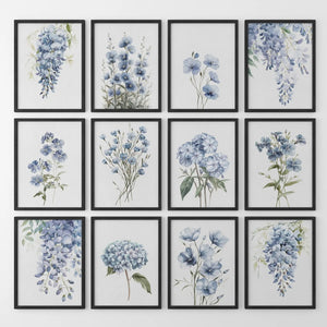 Set of 12 Watercolor Flowers Prints. Blue Hydrangea Wall Art