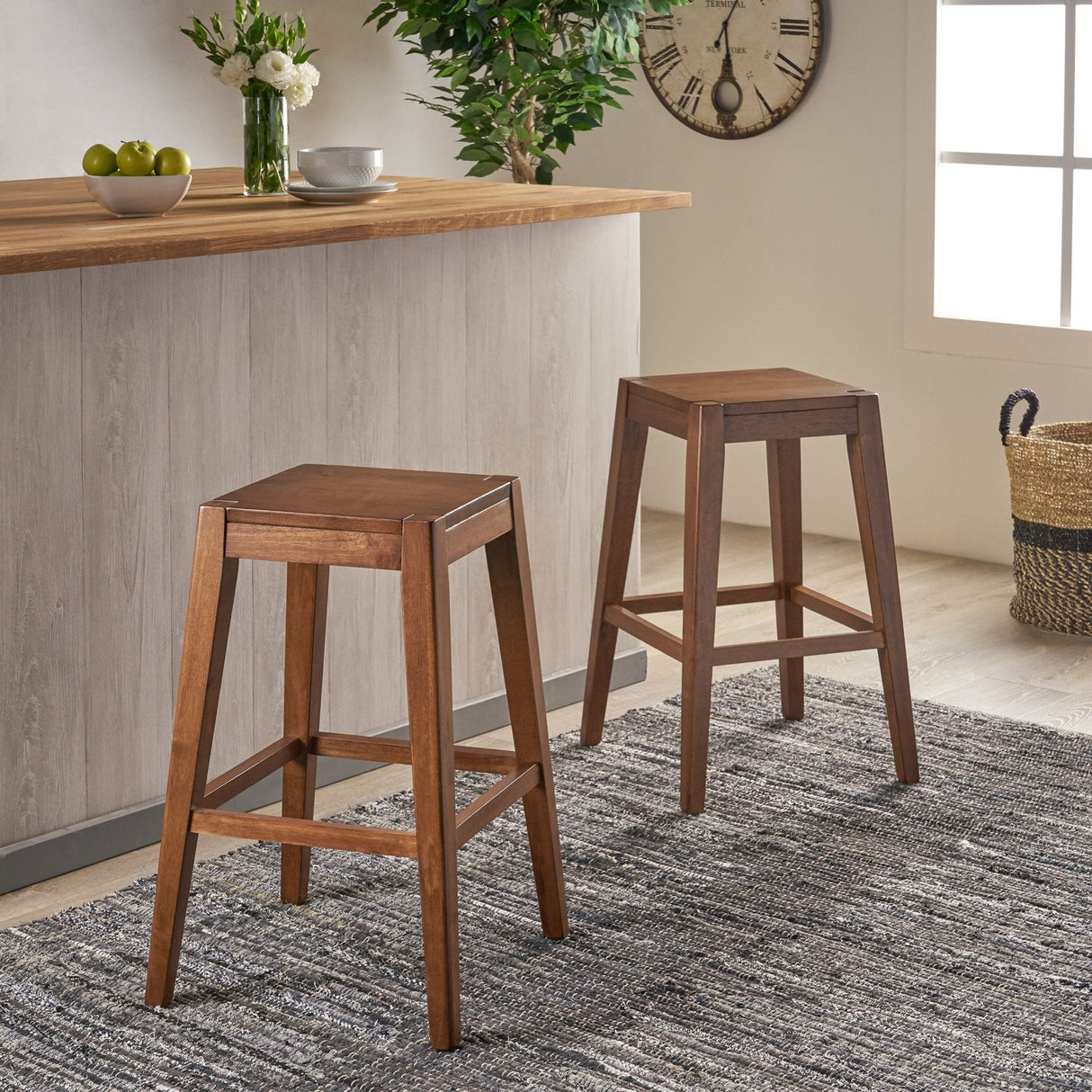 Wood Counter Stool with Armless Design and Footrest, Set of 2 - Counter Stools