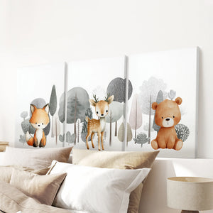 Forest Animal Nursery Decor. Cute Fox Fawn Bear Print Set