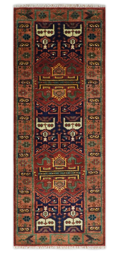 Custom Made Hand Knotted Traditional Rust And Blue Runner Wool Rug