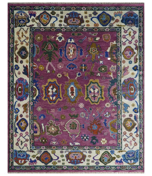 Purple And Ivory Hand knotted Modern Oushak Wool Area Rug