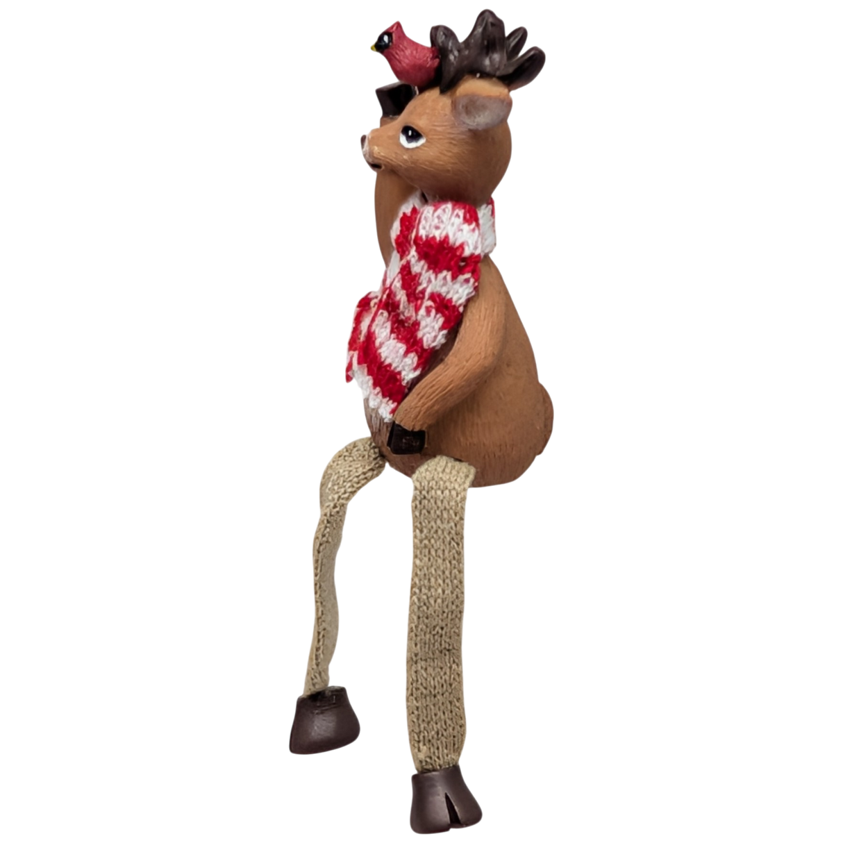 Red and White Striped Scarf with Cardinal Reindeer Shelfsitter