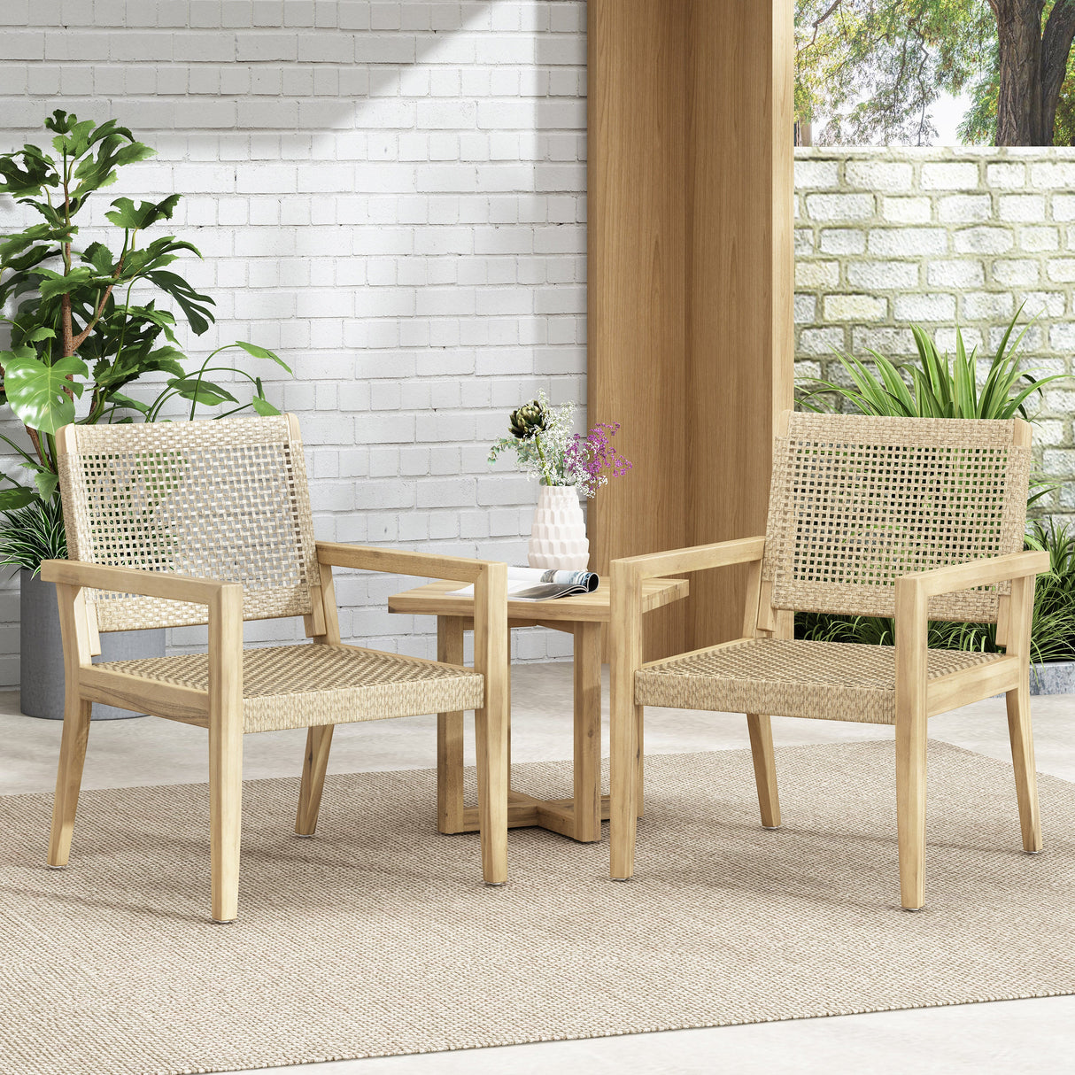 Outdoor Wicker and Acacia Wood Club Chairs - Set of 2