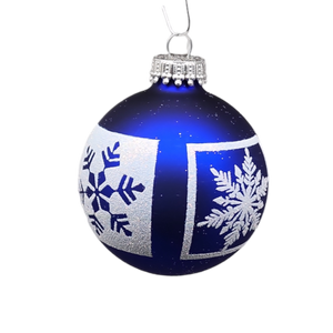Krebs Value Glass Ball 4 pack - White Glitter Snowflakes on Deep Blue