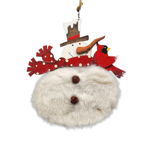 Wood and Fur Snowman Ornament - Red Scarf with Cardinal