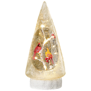 Lighted Glass Cardinal Holly Tree - 10 Inches tall