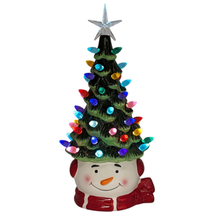 Snowman Ceramic Christmas Tree Lighted  With Timer