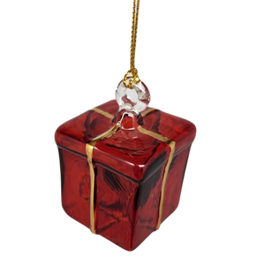 Blown Glass Present Ornament - Red