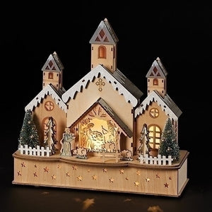 LED Wooden Church with Nativity Scene - 12 inch