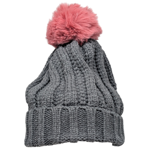 Knit Hat With Three Interchangeable Poms - Grey