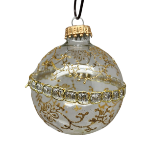 Clear and Frosted Gold Glitterlace and Braid Ball Ornaments - 4 Piece Set