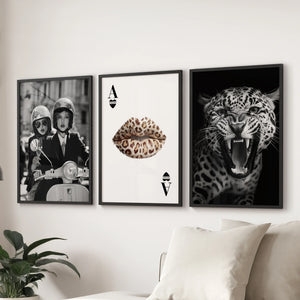 Black White Fashion Set of 3 Prints. Leopard, Lips, Scooter