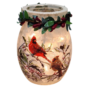 Lighted Glass Jar with Garland - Holly & Cardinals