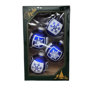 Krebs Value Glass Ball 4 pack - White Glitter Snowflakes on Deep Blue