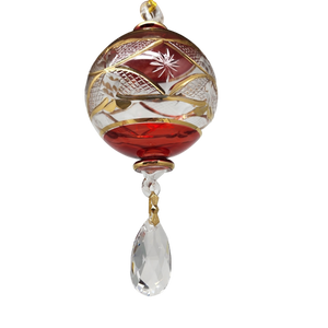 Etched Blown Glass Ball with Crystal Dangle - Red