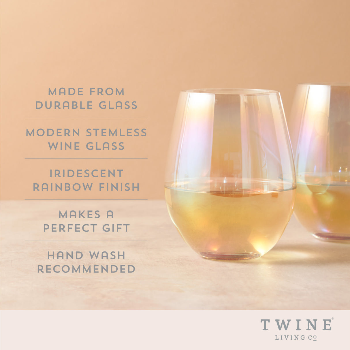 Luster stemless wine glass set by twine
