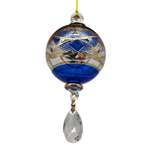 Etched Blown Glass Ball with Crystal Dangle - Blue