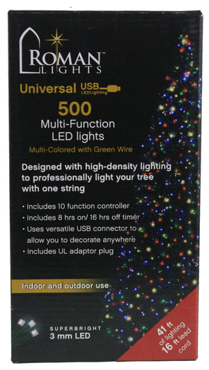 USB powered 500 Superbright LED (41 foot) Green Wire Multifunction Lights with Timer - Multicolor