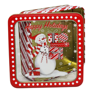 Square Cookie Tin with Window - Happy Holidays Snowman