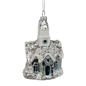 Glass Snowy Church Ornament -