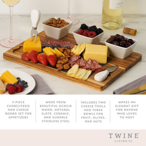 Acacia & slate cheese board set w/ceramic bowls by twine