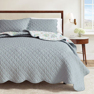 Floral Print Scalloped Edge Cotton Quilt Set - Katrin Collection