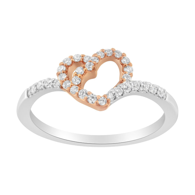 10K Rose Gold Over .925 Sterling Silver 1/5 Cttw Diamond Two Tone Open Heart Promise Or Fashion Ring (I-J Color, I2-I3 Clarity) - Size 7 - Tuesday Morning-Rings