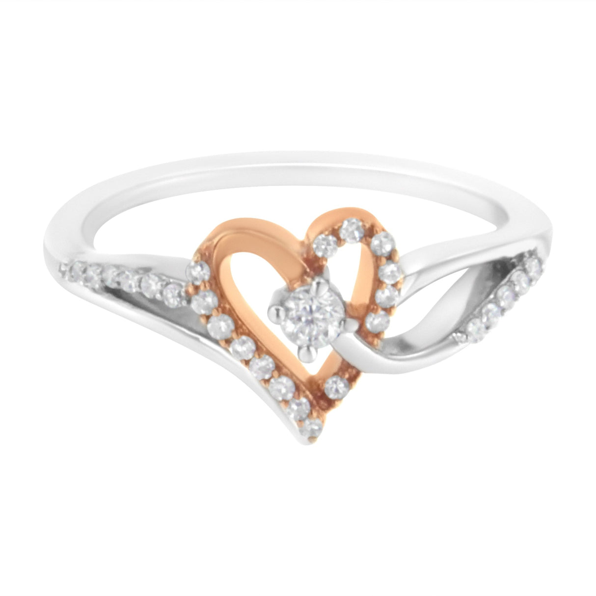 10K Rose Gold Plated .925 Sterling Silver 1/5 Cttw Diamond Two Tone Open Heart Promise Or Fashion Ring (I-J Color, I2-I3 Clarity) - Size 7 - Tuesday Morning-Rings