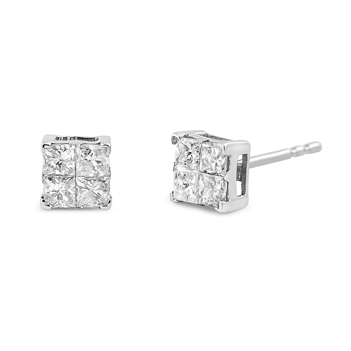 10K White Gold 1.00 Cttw Invisible Set Princess-Cut Diamond Composite Square Shape Stud Earrings (G-H Color, I2-I3 Clarity) - Tuesday Morning-Stud Earrings