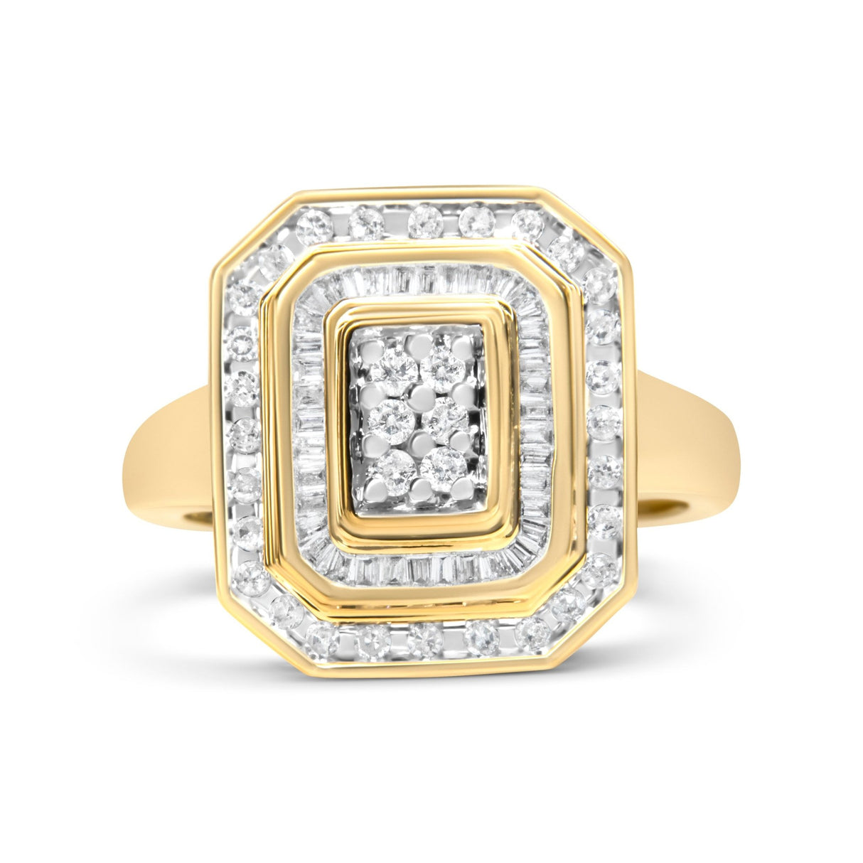 10K Yellow Gold 1.0 Cttw Diamond Vintage Inspired Baguette-Cut Double Halo Emerald-Shaped Frame Cocktail Ring (I-J Color, I1-I2 Clarity) - Size 8 - Tuesday Morning-Rings