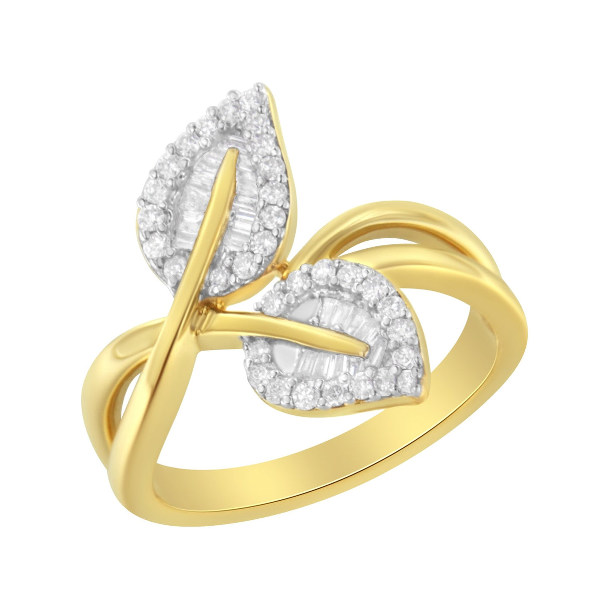 10K Yellow Gold 3/8 Cttw Round And Baguette-Cut Diamond Leaf Cocktail Ring - Size 8 (I-J Color, I1-I2 Clarity) - Tuesday Morning-Rings