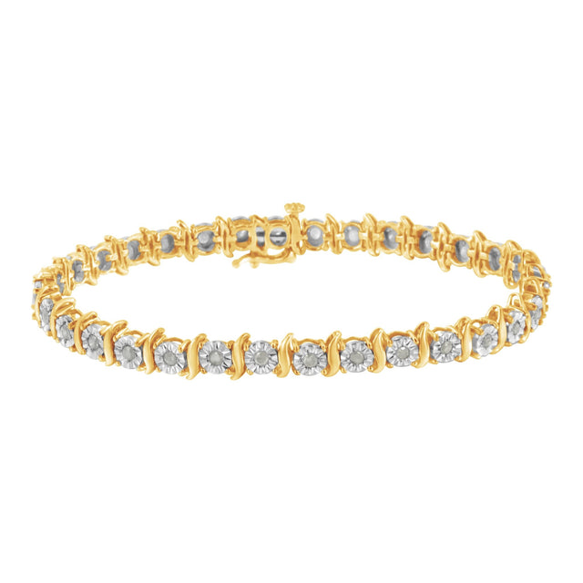 10K Yellow Gold Over .925 Sterling Silver 1.0 Cttw Diamond S-Curve Link Miracle-Set Tennis Bracelet (I-J Color, I3 Clarity) - 7" - Tuesday Morning-Tennis Bracelets