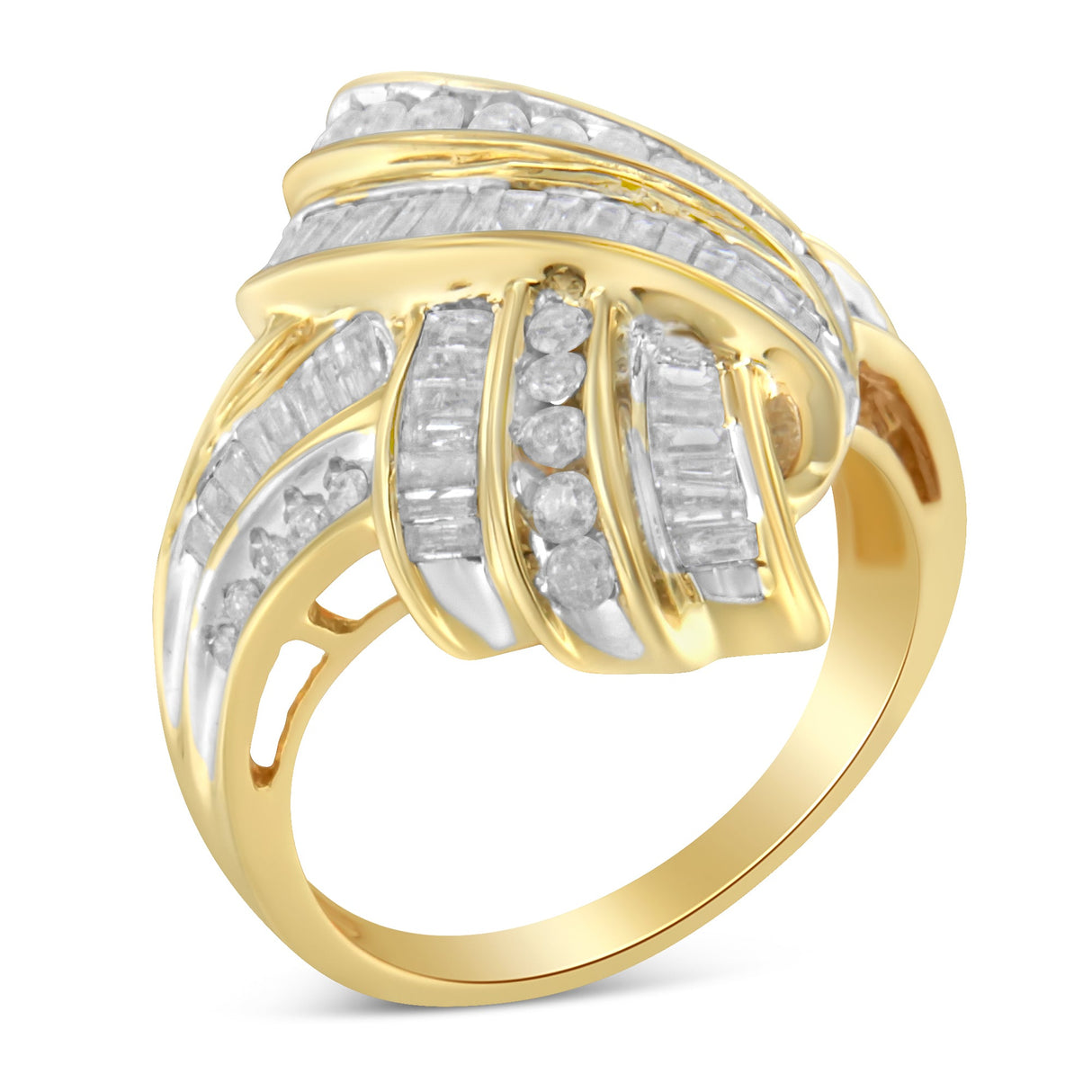 10K Yellow Gold Plated .925 Sterling Silver 1.0 Cttw Round & Baguette Diamond Knot Channel Statement Ring (I-J Color, I2-I3 Clarity) - Size 6-1/2 - Tuesday Morning-Rings