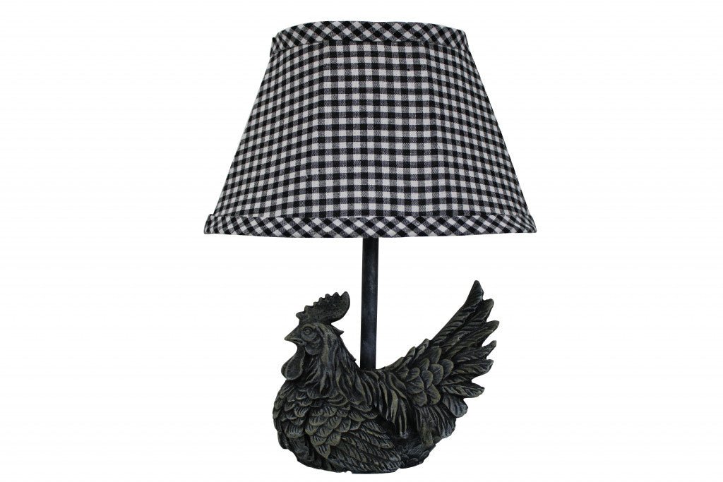 12" Black Rooster Mini Table Lamp With Black and White Gingham Shade - Tuesday Morning-Table Lamps