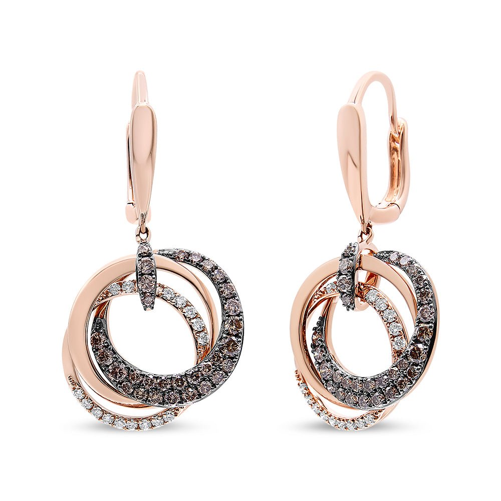 14K Rose Gold 1.00 Cttw White And Brown Diamond Intertwining Hoops And Circle Dangle Earrings (H-I/Brown Color, Si1-Si2 Clarity) - Tuesday Morning-Hoop Earrings