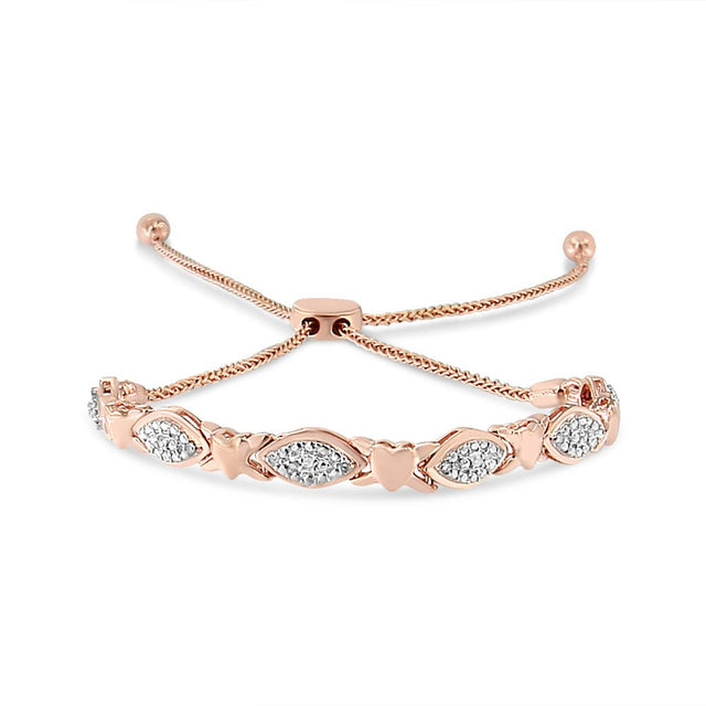 14K Rose Gold Plated .925 Sterling Silver Diamond Accent Alternating Marquise Shape And Heart Links Bolo Bracelet (I-J Color, I3 Clarity) - Adjustable 6" To 9" - Tuesday Morning-Bracelets